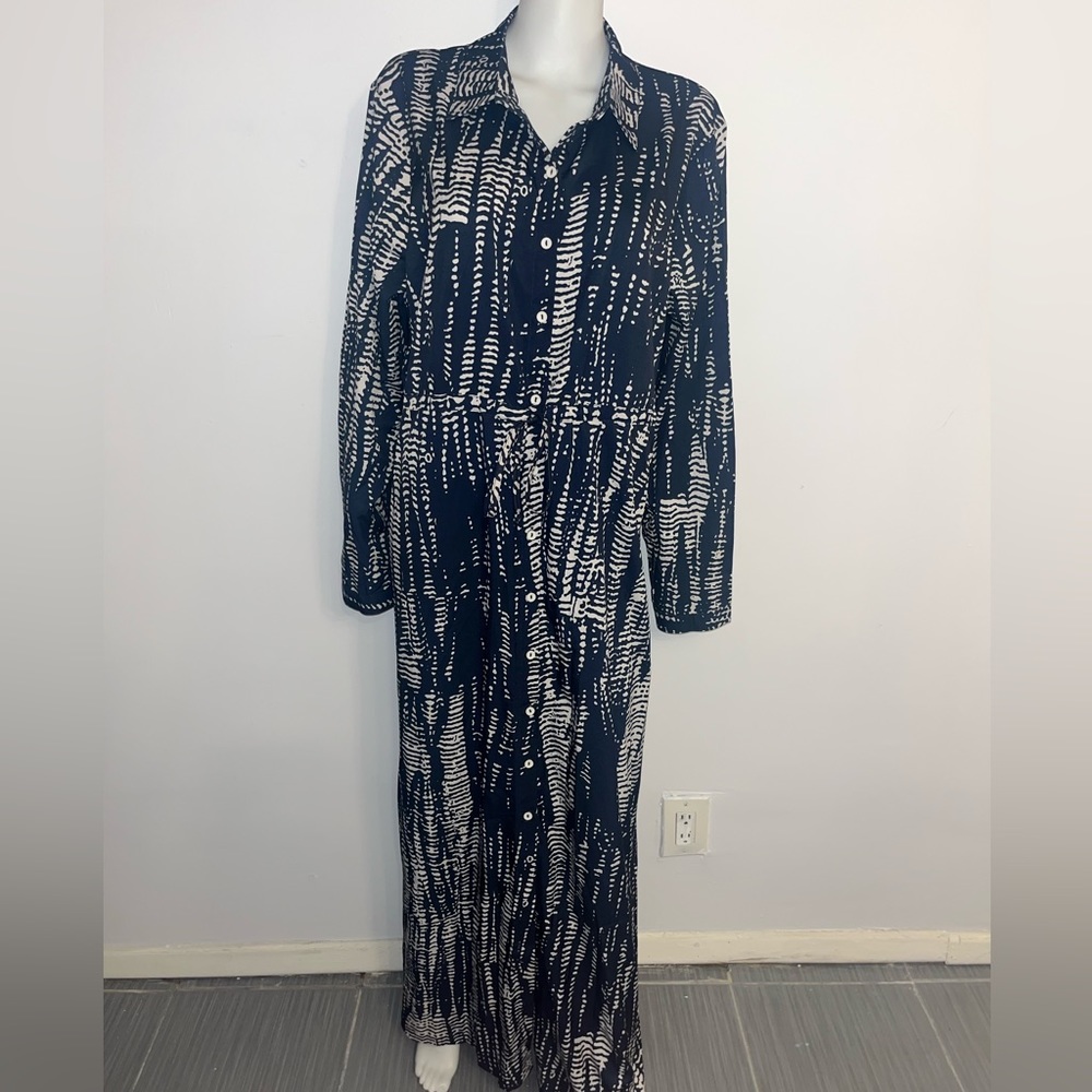Long Sleeve Navy and White Printed Shirt Dress